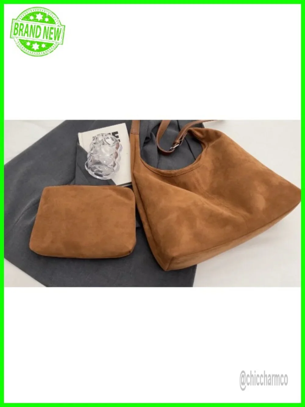 Trendy Faux Suede Hobo Tote Shoulder Handbag with Adjustable Strap and Pouch